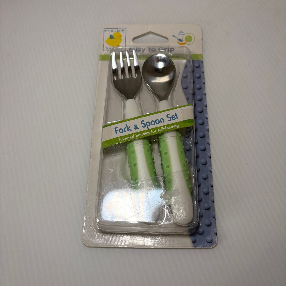 Vintage NOS Toddler Self Feeding Fork Spoon Set Easy to Grip 2001 Geoffrey Inc